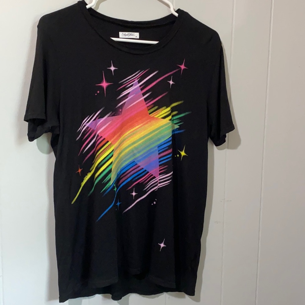 Host pick! Lauren Moshi Women's Black Croft Neon Sparkle Star crew neck Tee